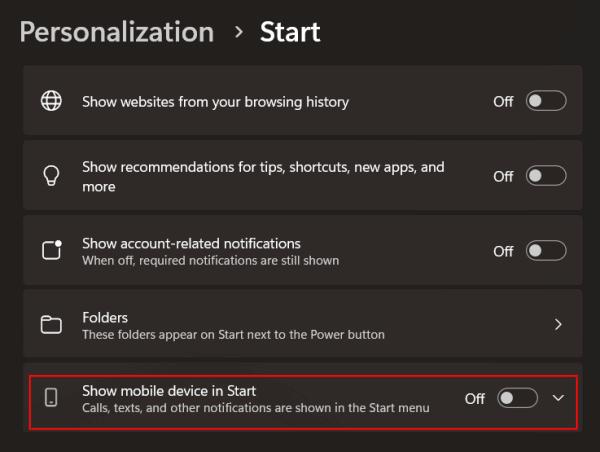 Disabling "Show mobile device in Start" option in Windows Settings.
