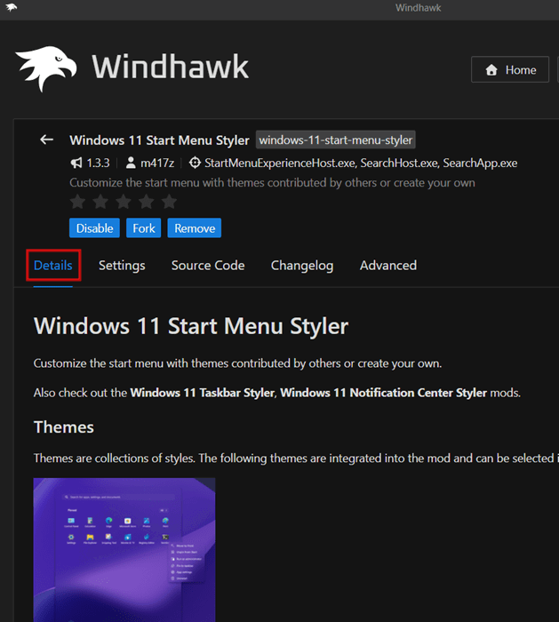 Checking "Details" section for Windhawk mod on Windows.