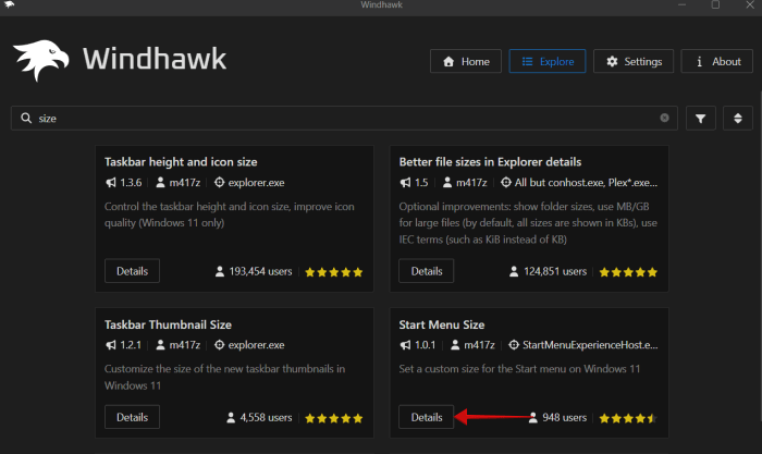 Tapping "Details" button on mod in Windhawk tool in Windows.