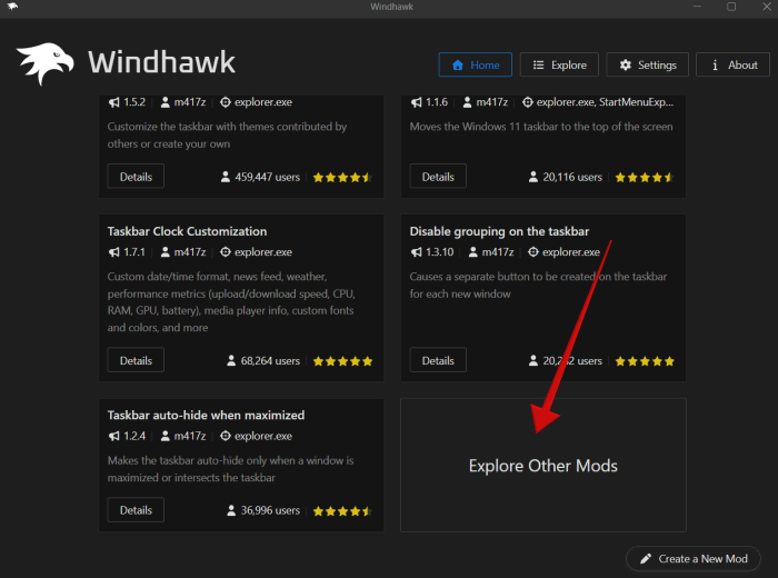 Tapping on "Explore Other Mods" in Windhawk on Windows.