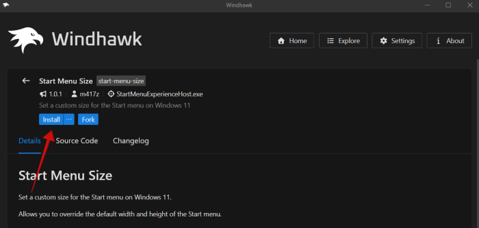 Tapping "Install" button for Windhawk mod in Windows.