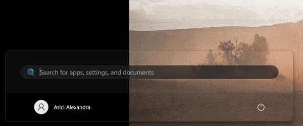 View of transparent Start Menu on Windows device.