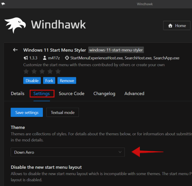 Changing theme for Start Menu in Windhawk in Windows.