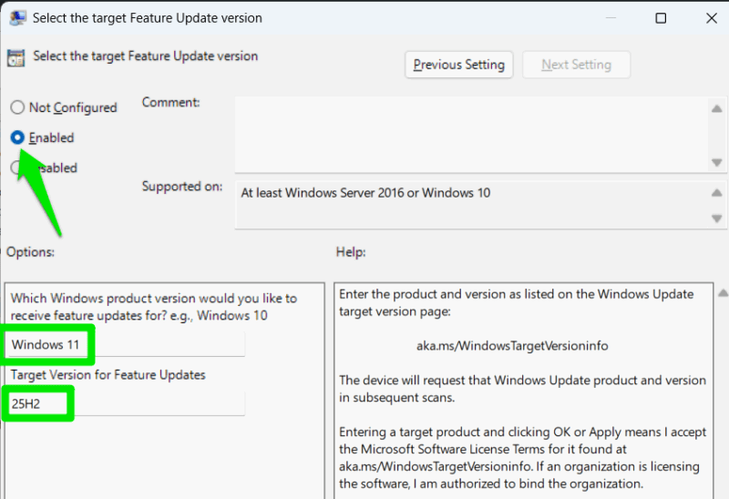 Enabling Target Feature Update