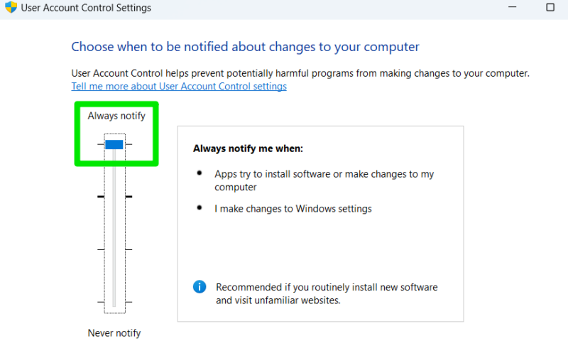 Set Windows UAC to maximum security level