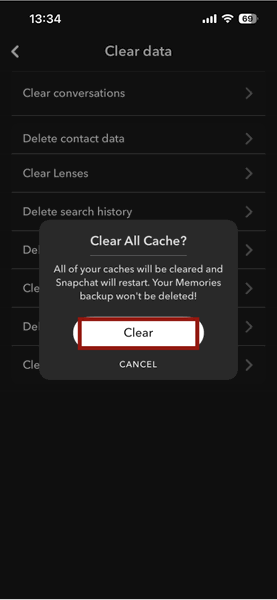 Snapchat Settings Clear Cache Confirm