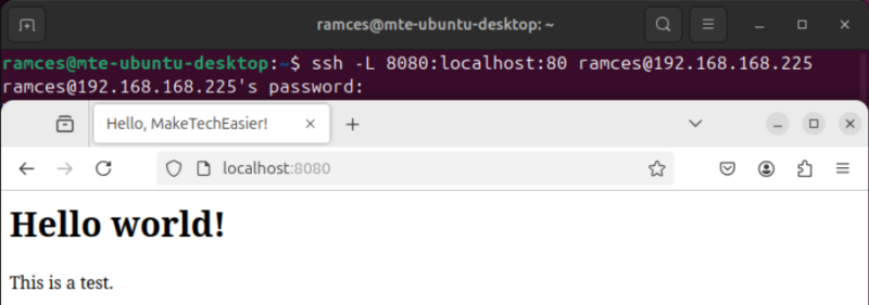 A screenshot of an unencrypted HTTP website running through an SSH tunnel.