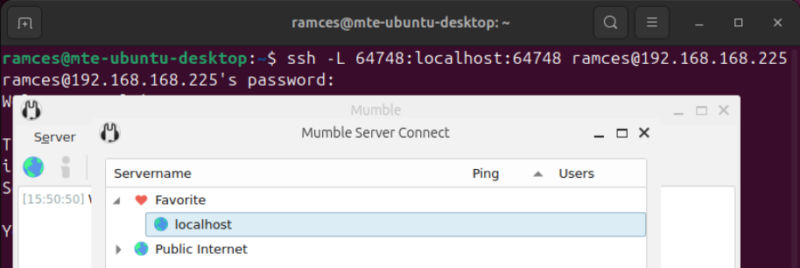 A screenshot showing that Mumble isn't detecting any service from the SSH tunnel in port 64748.