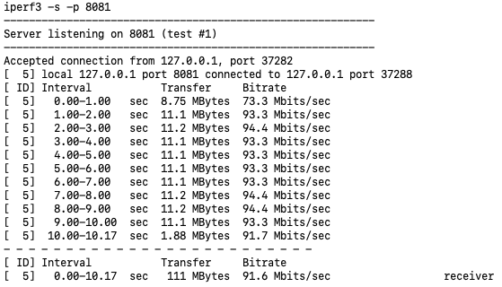 A terminal showing the results of an iperf3 test through an SSH tunnel.