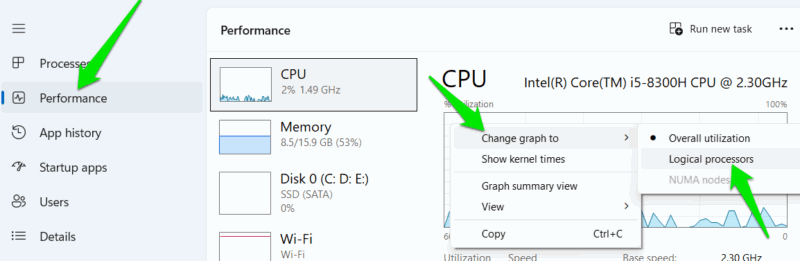 Switching to logical processors in the Task Manager