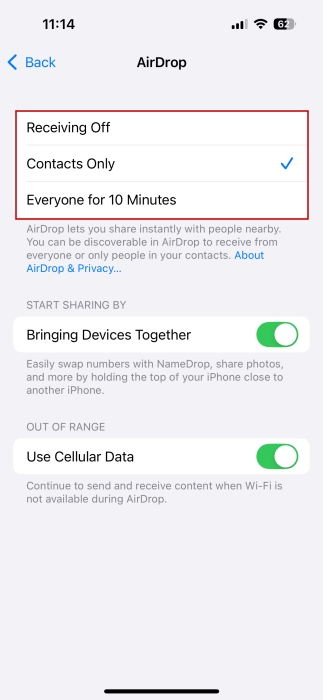 Viewing sharing options for AirDrop on iPhone. 