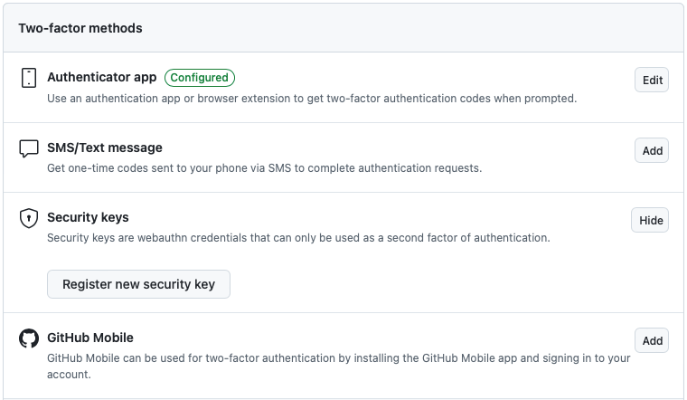 A screenshot showing the different MFA options in Github.