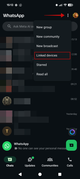 Accessing "Linked devices" from the Android WhatsApp app. 