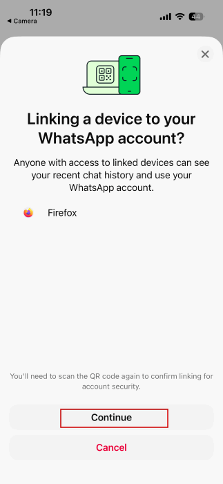 Tapping "Continue" in WhatsApp on iPhone to link account to PC. 