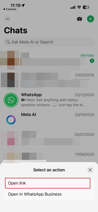 Selecting "Open link" option after scanning QR code from browser on PC in WhatsApp on iPhone. 
