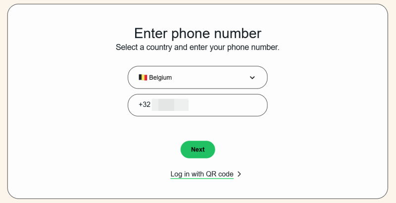 Entering phone number to log in with WhatsApp Web. 