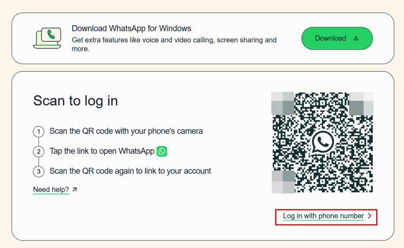 Clicking on "Log in with phone number" option in web browser on PC. 