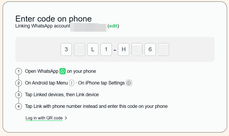 Prompt to enter code on phone to login with WhatsApp Web on PC. 
