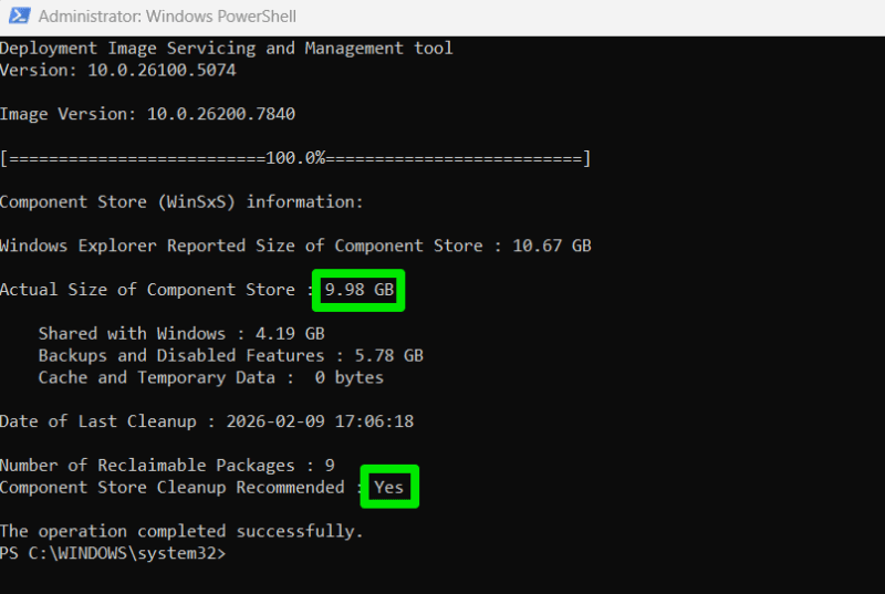 WinSxS Folder current size in PowerShell